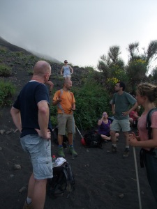 Poldo (in orange) preaching about the volcano during a brief rest stop